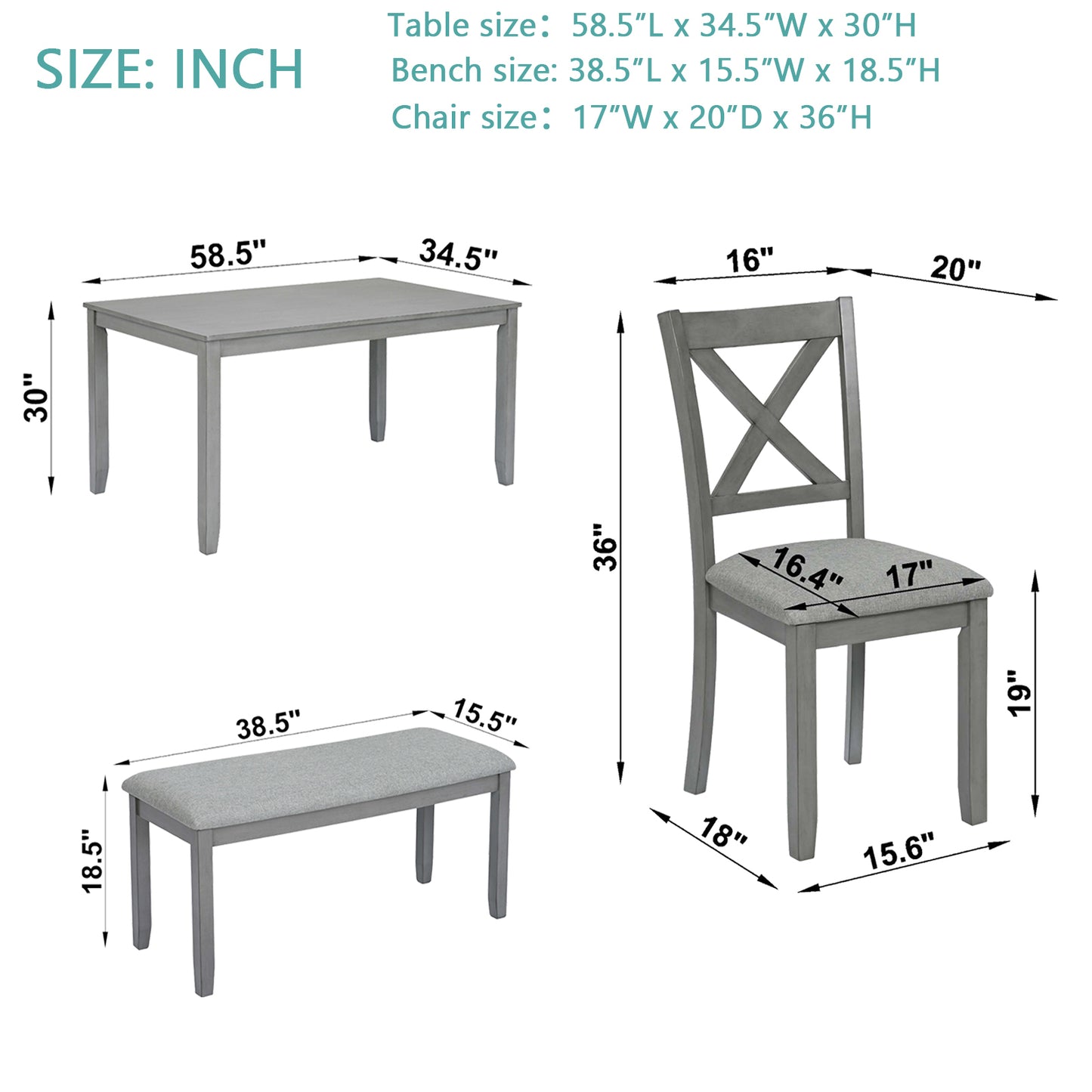 Xeno 6pc Dining Set Wooden Table 4x Side Chairs And Bench - Gray