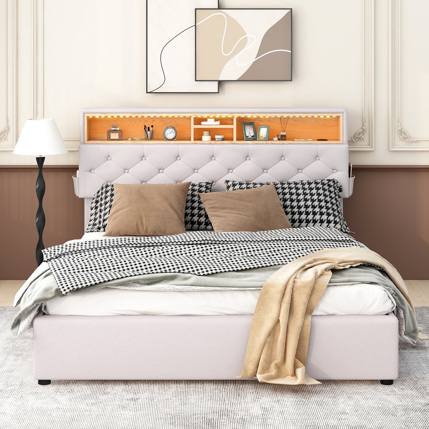 Nectar Queen Size Upholstered Platform Bed - Beige