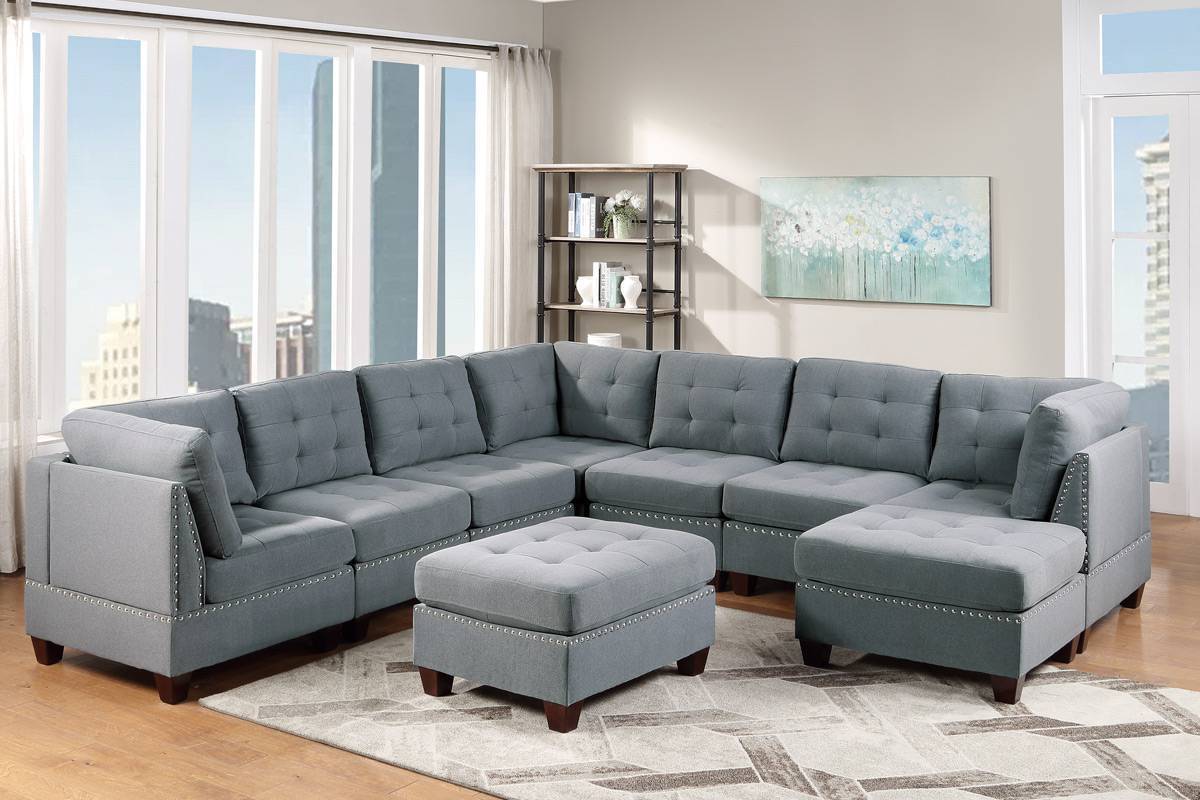 Eleni Modular Sectional 9pc Set 3x Corner Wedge 4x Armless Chairs and 2x Ottomans - Gray