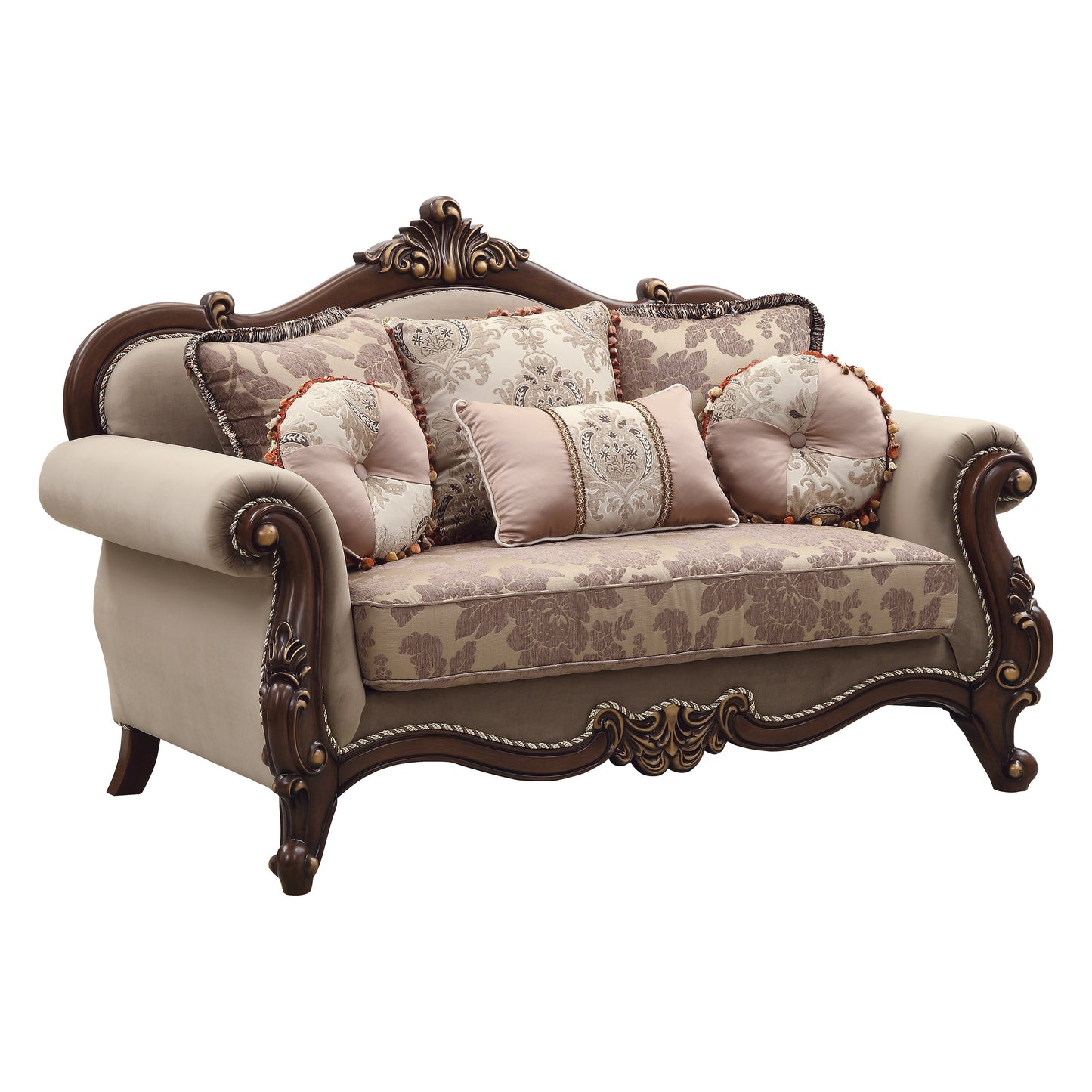 Mehadi Velvet Loveseat w/6 Pillows - Walnut