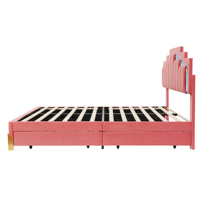 Neco Queen Size Platform Bed with LED and 4 Drawers - Pink