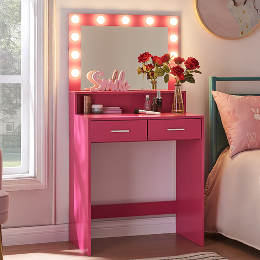 Neve Vanity Desk with Mirror and Lights - Rose Pink