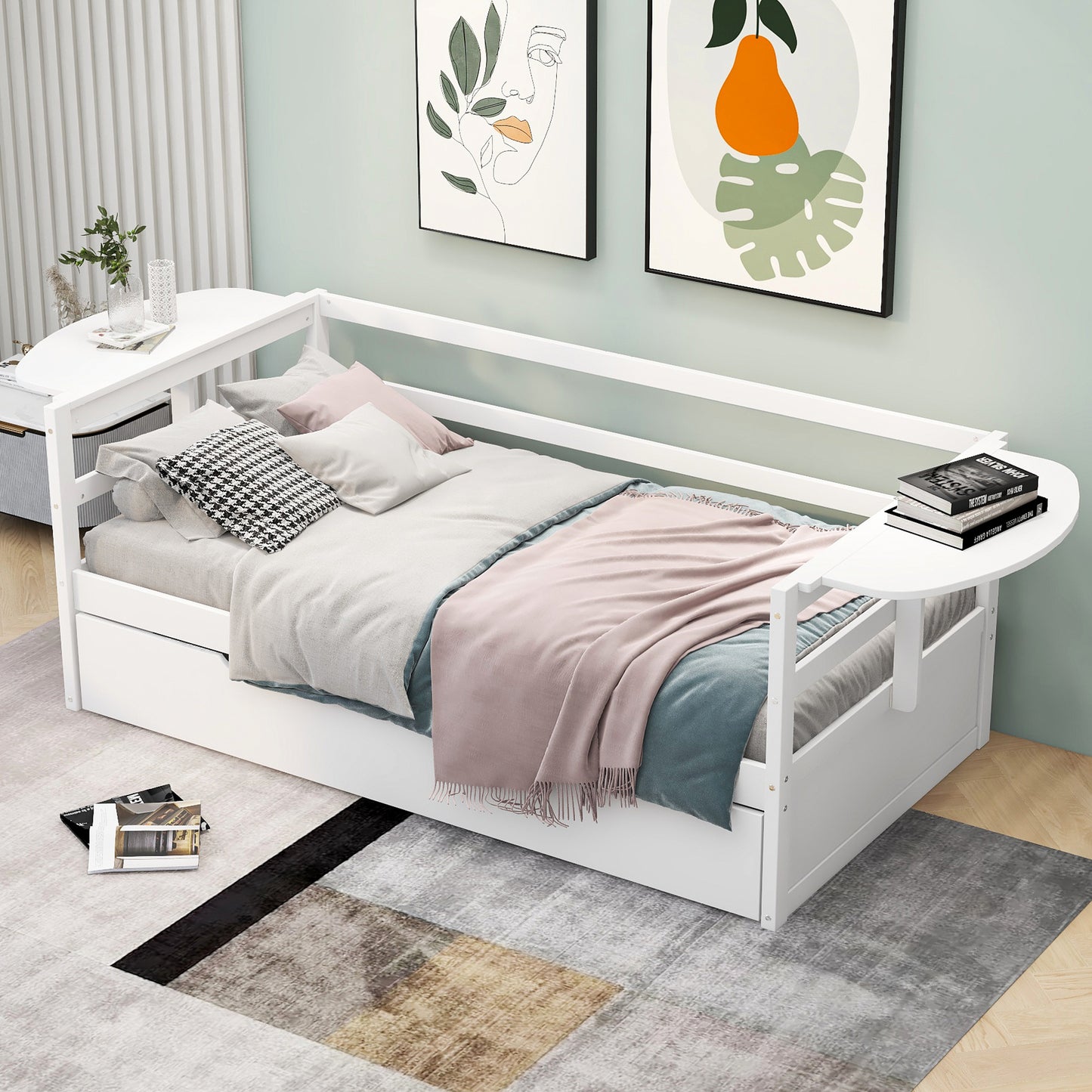 Tumo Twin Size Daybed with Trundle and Foldable Shelves - White