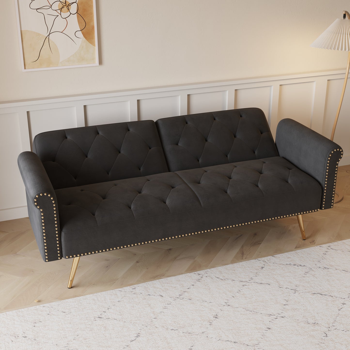 Uma Convertible Velvet Sofa Bed - Black