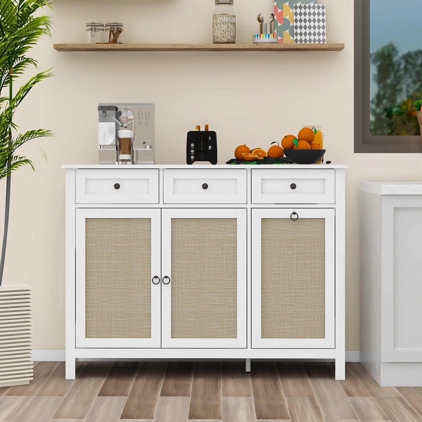 Rattan Kitchen Trash Can Cabinet - White