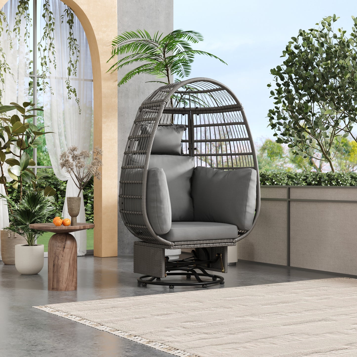 Bell Outdoor Swivel Chair with Cushion (Gray Wicker + Gray Cushion)