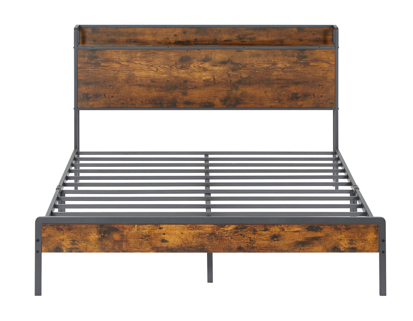 Biony Queen Size Metal Bed Frame W Charging Station - Rustic Brown