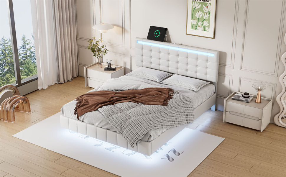 Marc Full Size Floating Bed Frame with LED - White