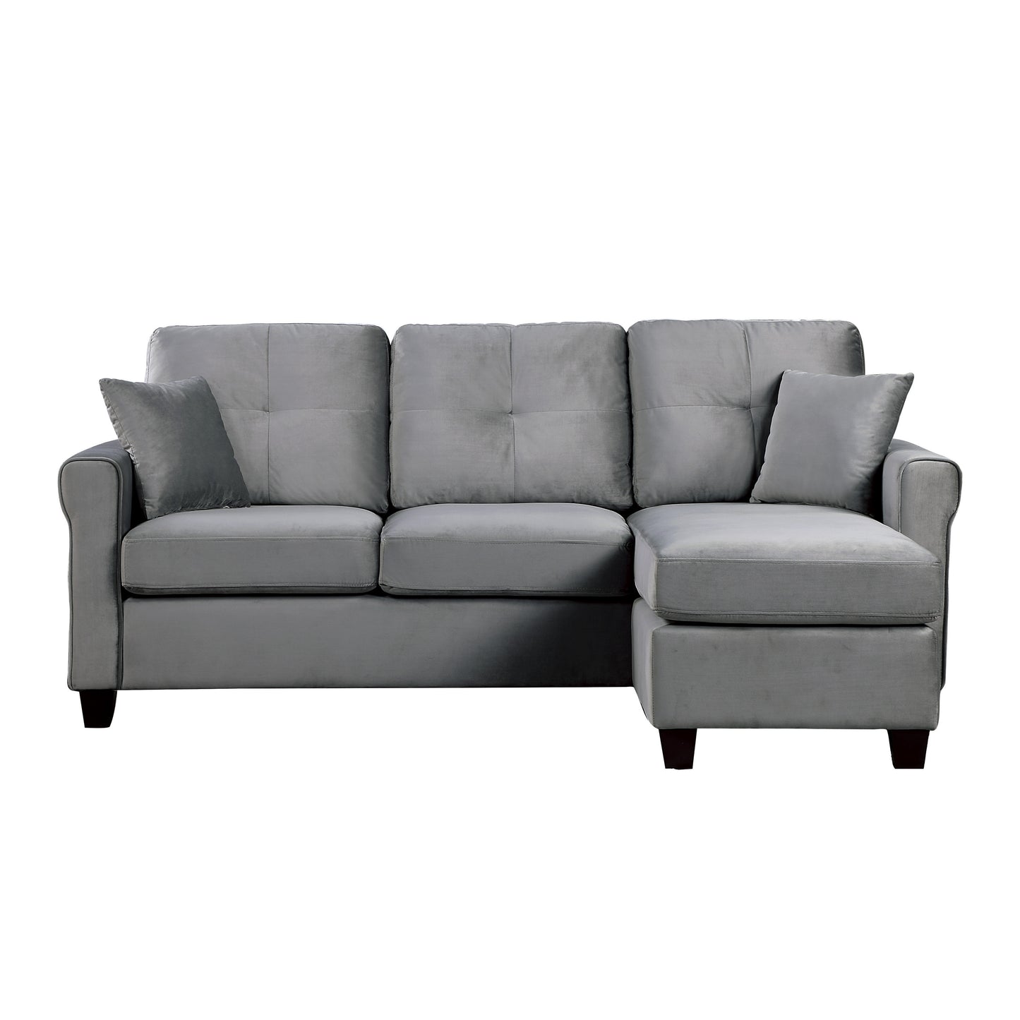 Yuki Reversible  Sectional Velvet Sofa w 2 Pillows - Gray