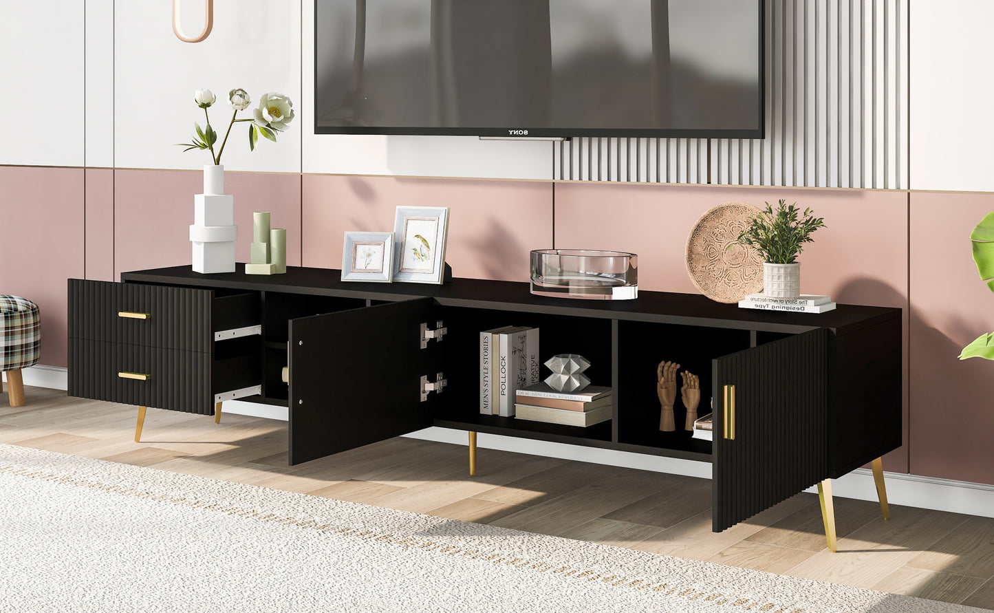 Eden II Stylish TV Stand with 5 Champagne Legs - Black