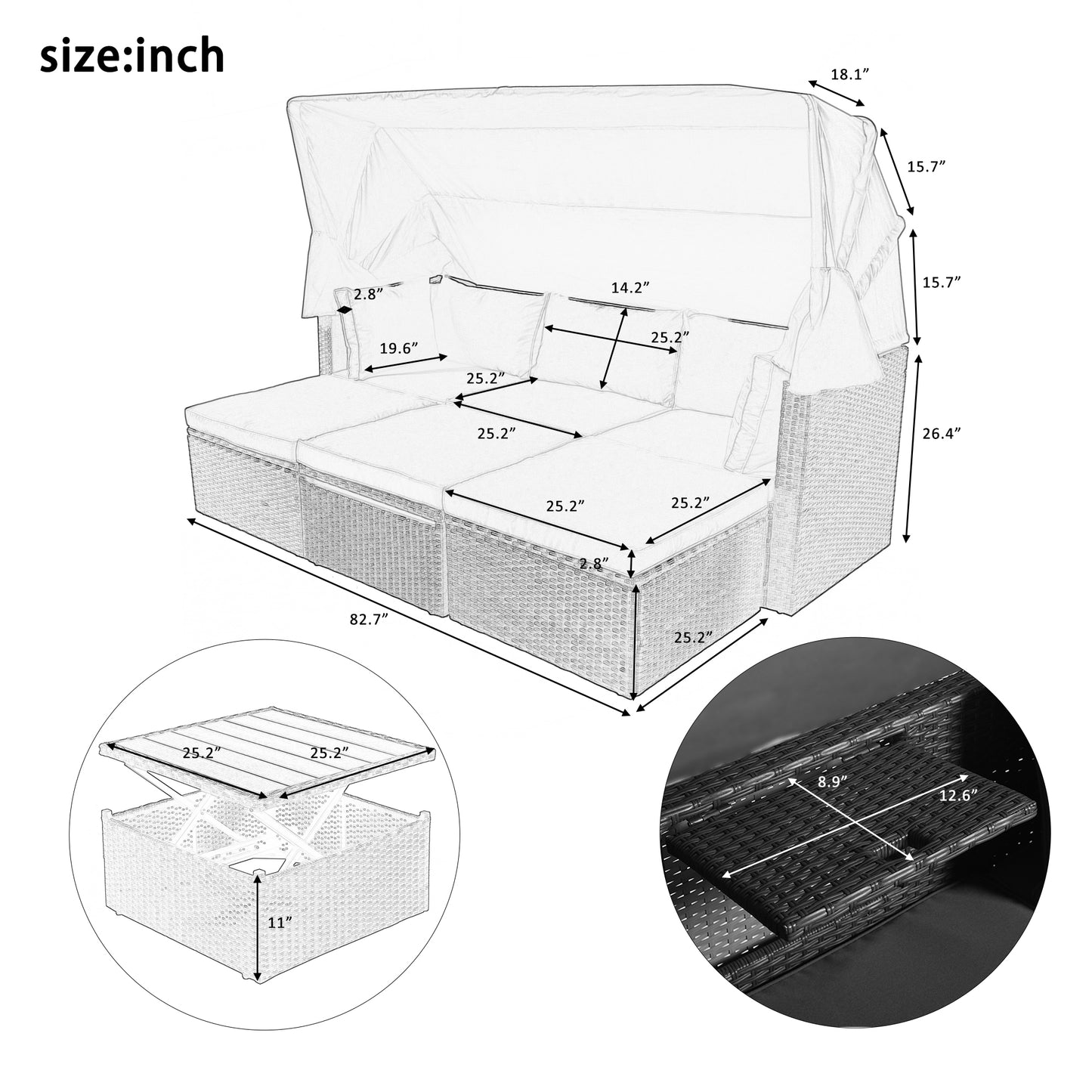 Getta Outdoor Patio Rectangle Daybed with Retractable Canopy - Gray