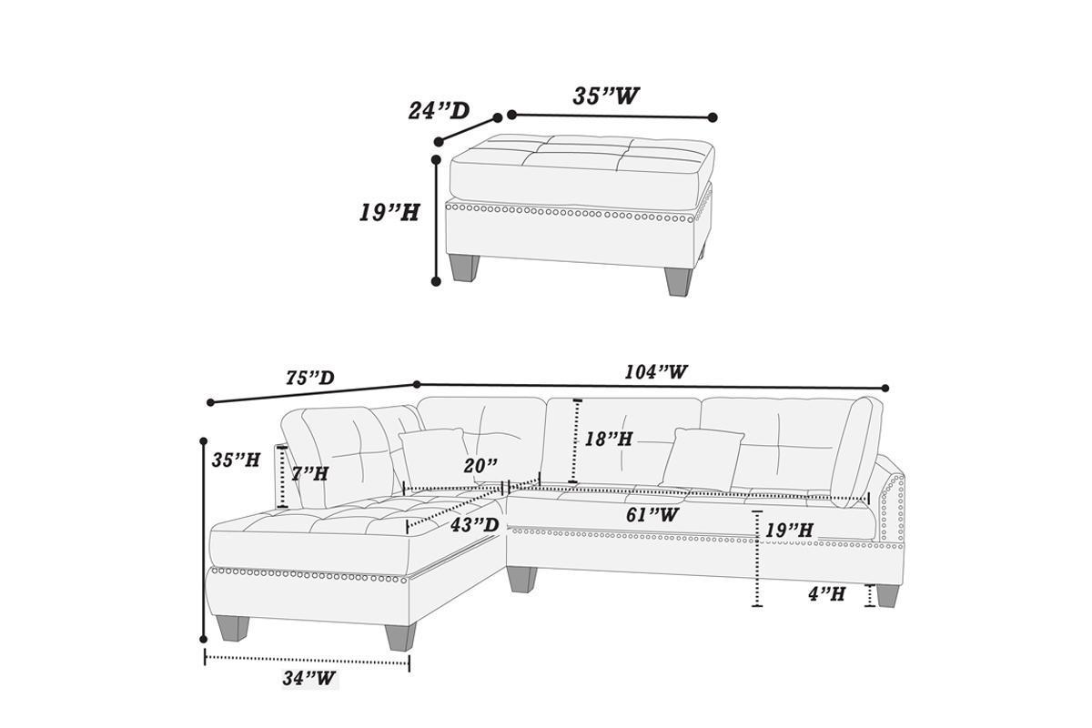 Surya 3pc Sectional Sofa Polyfiber Cushion Sofa Chaise Ottoman Reversible Couch Pillows - Black