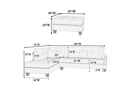 Surya 3pc Sectional Sofa Polyfiber Cushion Sofa Chaise Ottoman Reversible Couch Pillows - Black