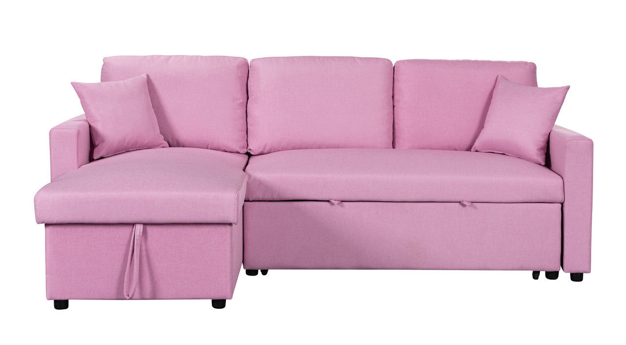 Paisley Linen Fabric Reversible Sleeper Sectional Sofa with Storage - Pink