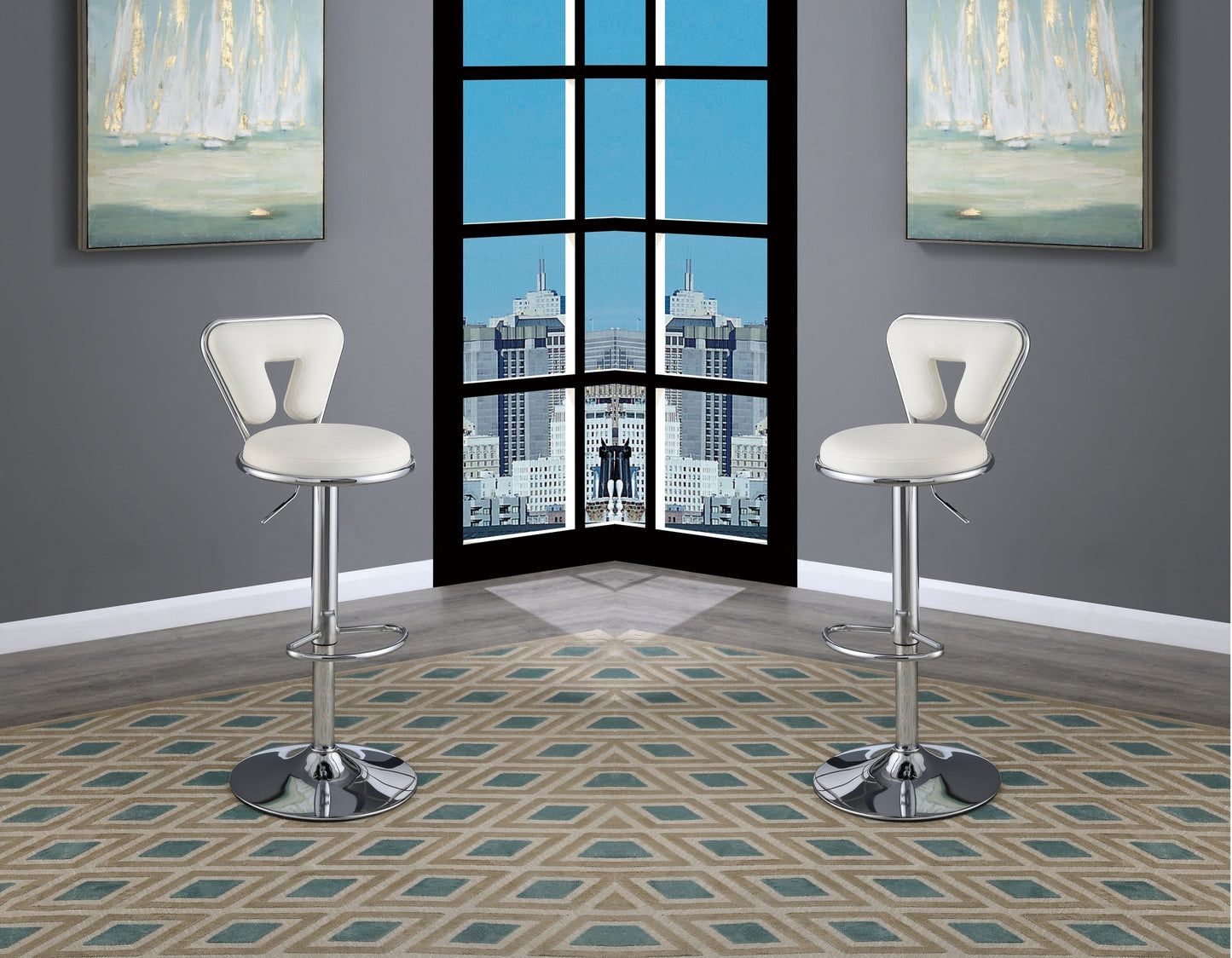 Vita Adjustable Bar stool  Faux Leather Chrome Base - White  Set of 2