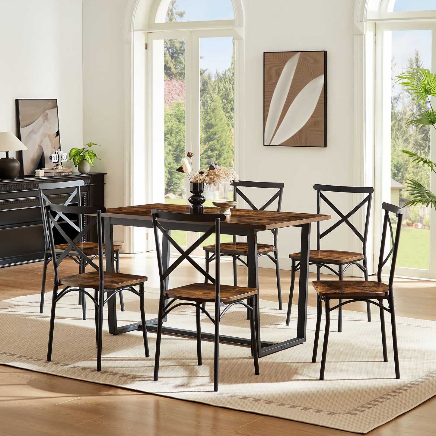 Barna 7pc Dining Set Table 6x Side Chairs - Brown