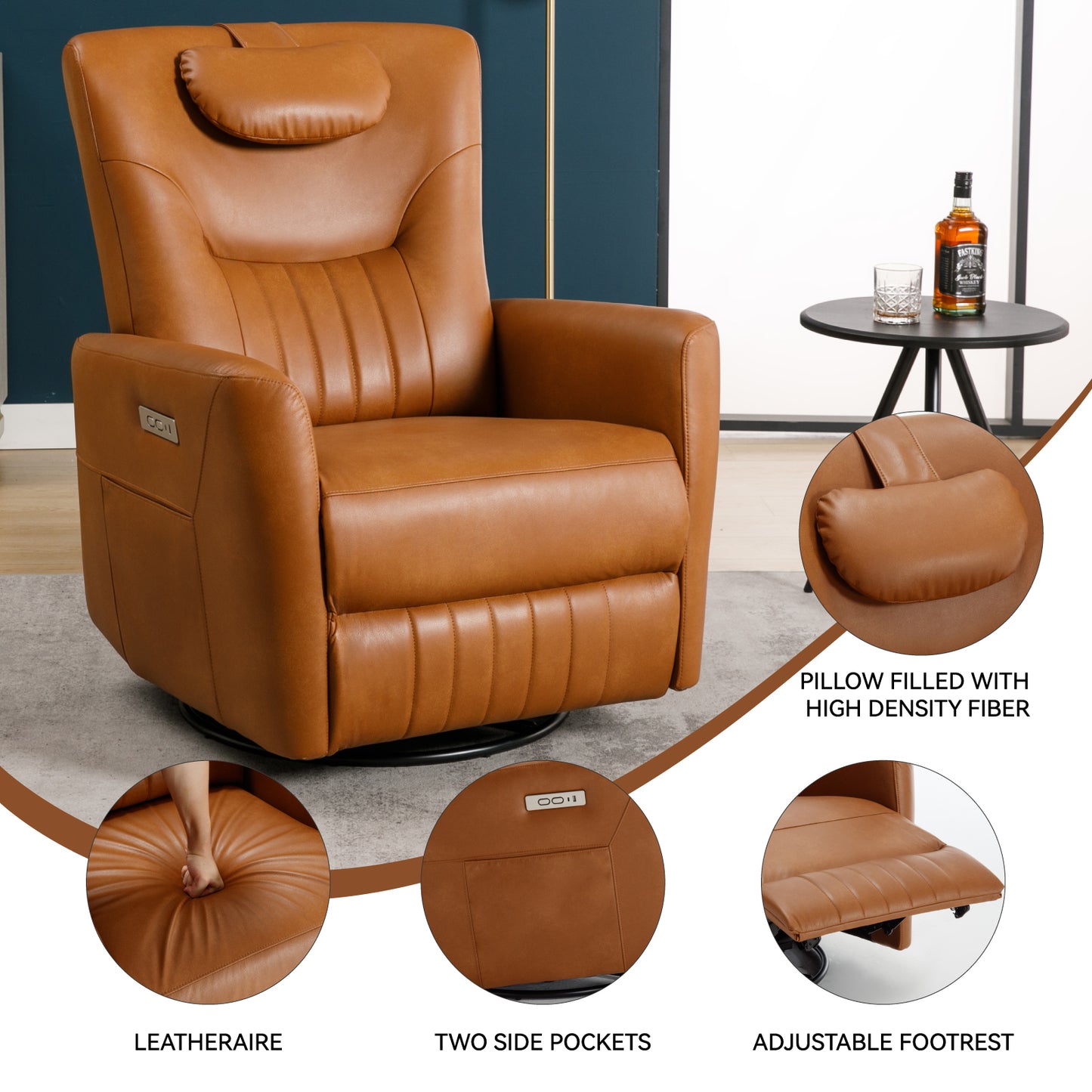 Davila Swivel and Rocker Power Recliner Chair with Lumbar and Neck Support - Yellow Brown