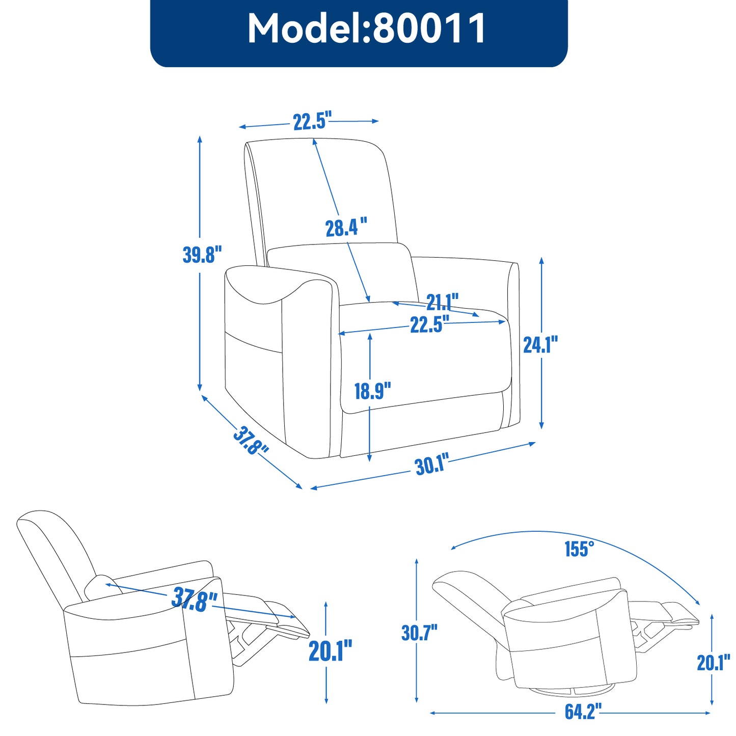 Spencer Swivel and Rocker Power Recliner Chair - Blue