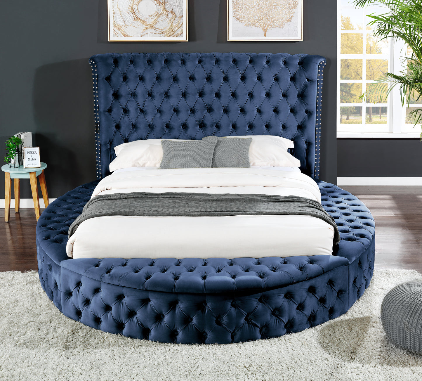 Hazel Queen Size Tufted Storage Bed - Navy Blue