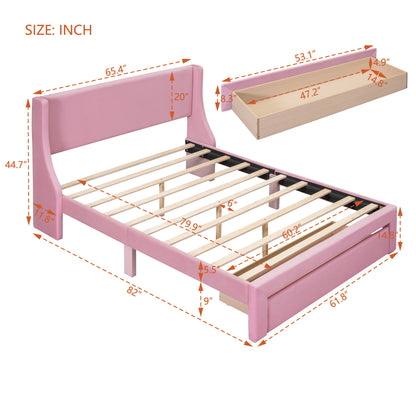 Renni Queen Size Velvet Platform Bed Frame with Drawer - Pink