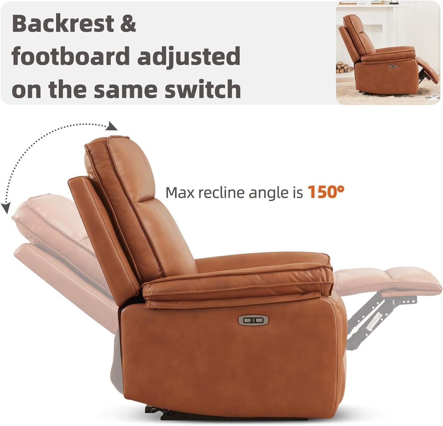 Emma Oversized Leather Power Recliner with USB Port - Caramel