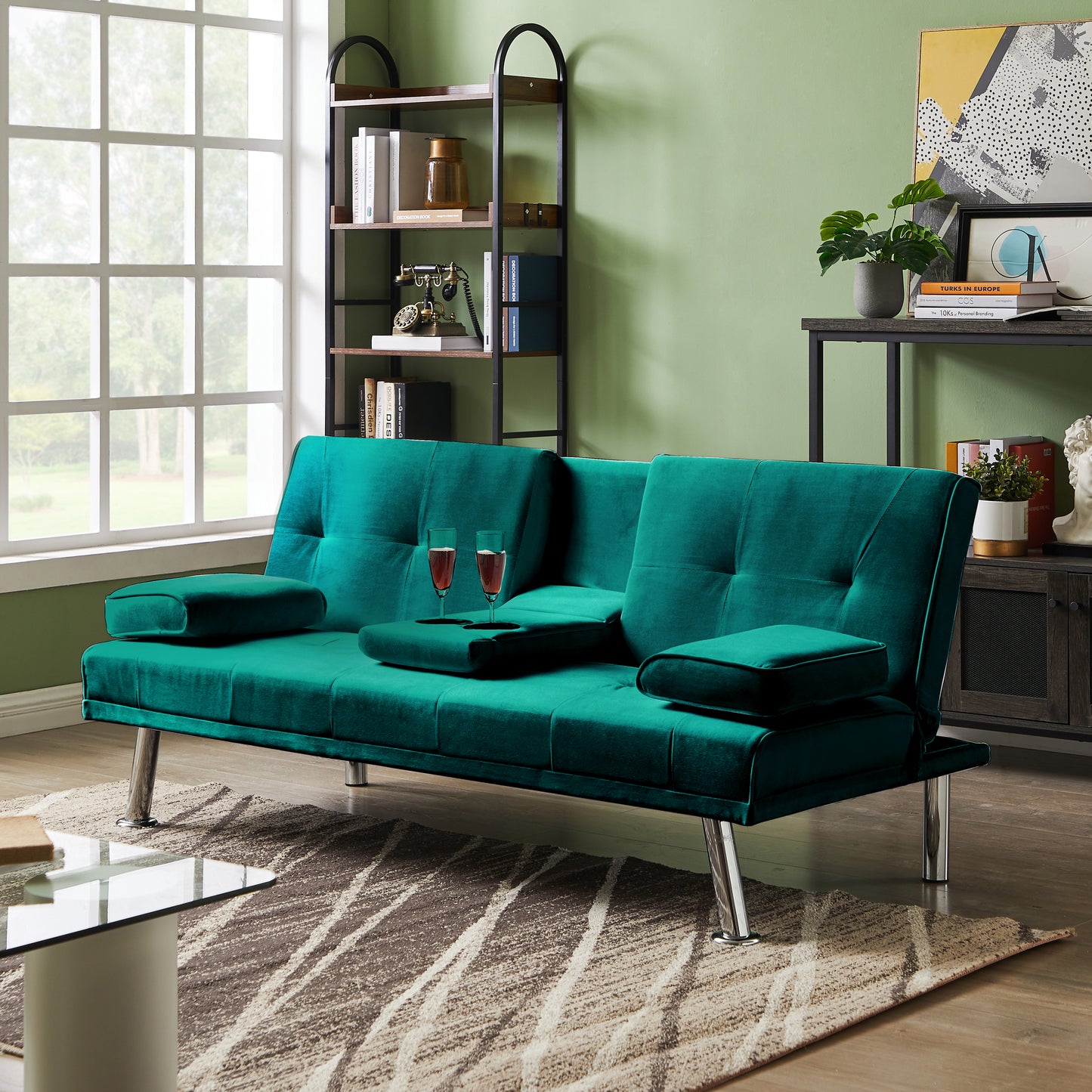 Devo Velvet Upholstered  Convertible Folding Futon Sofa Bed - Green