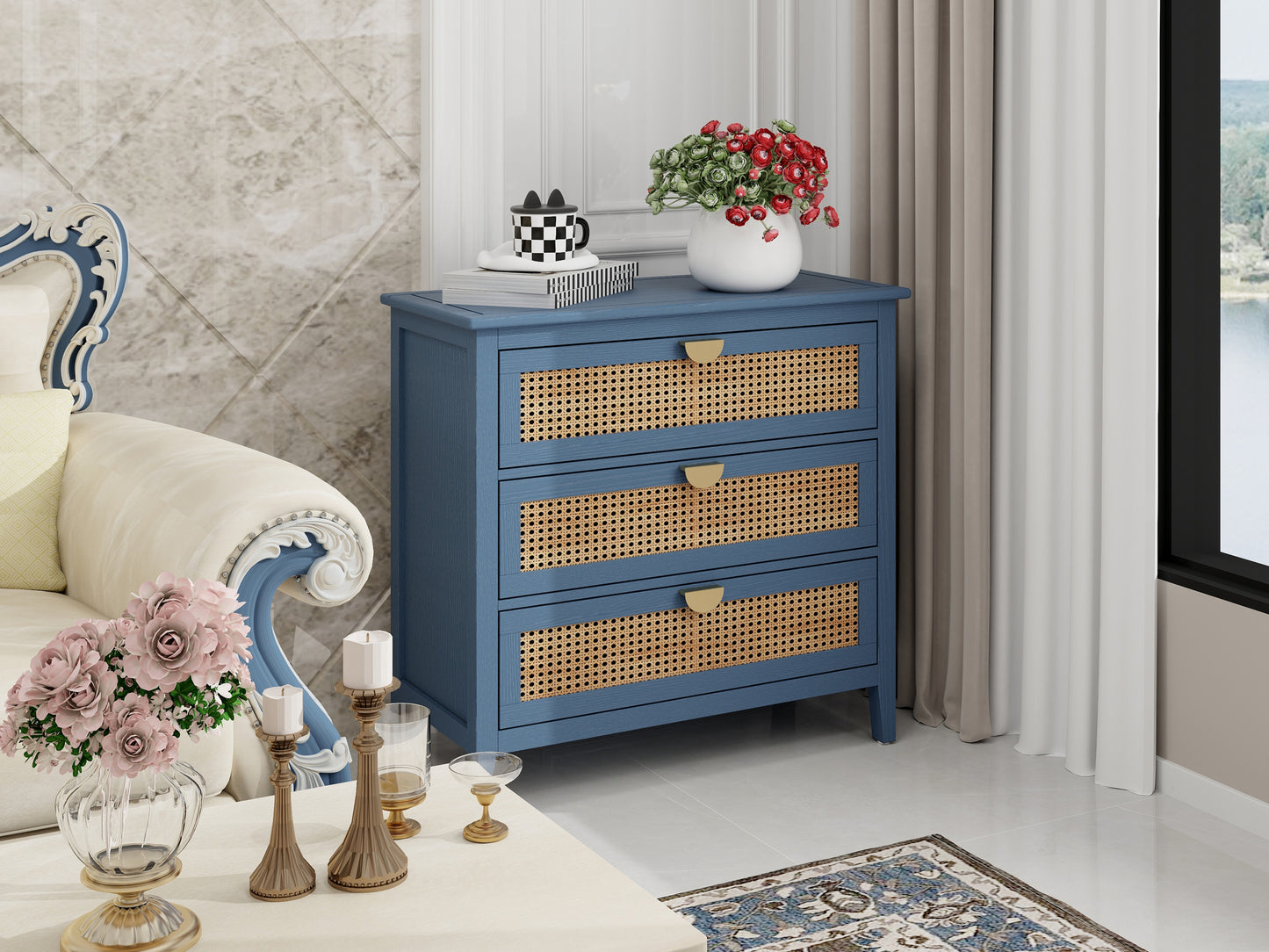 Valerie Natural Rattan 3 Drawer Cabinet - Blue