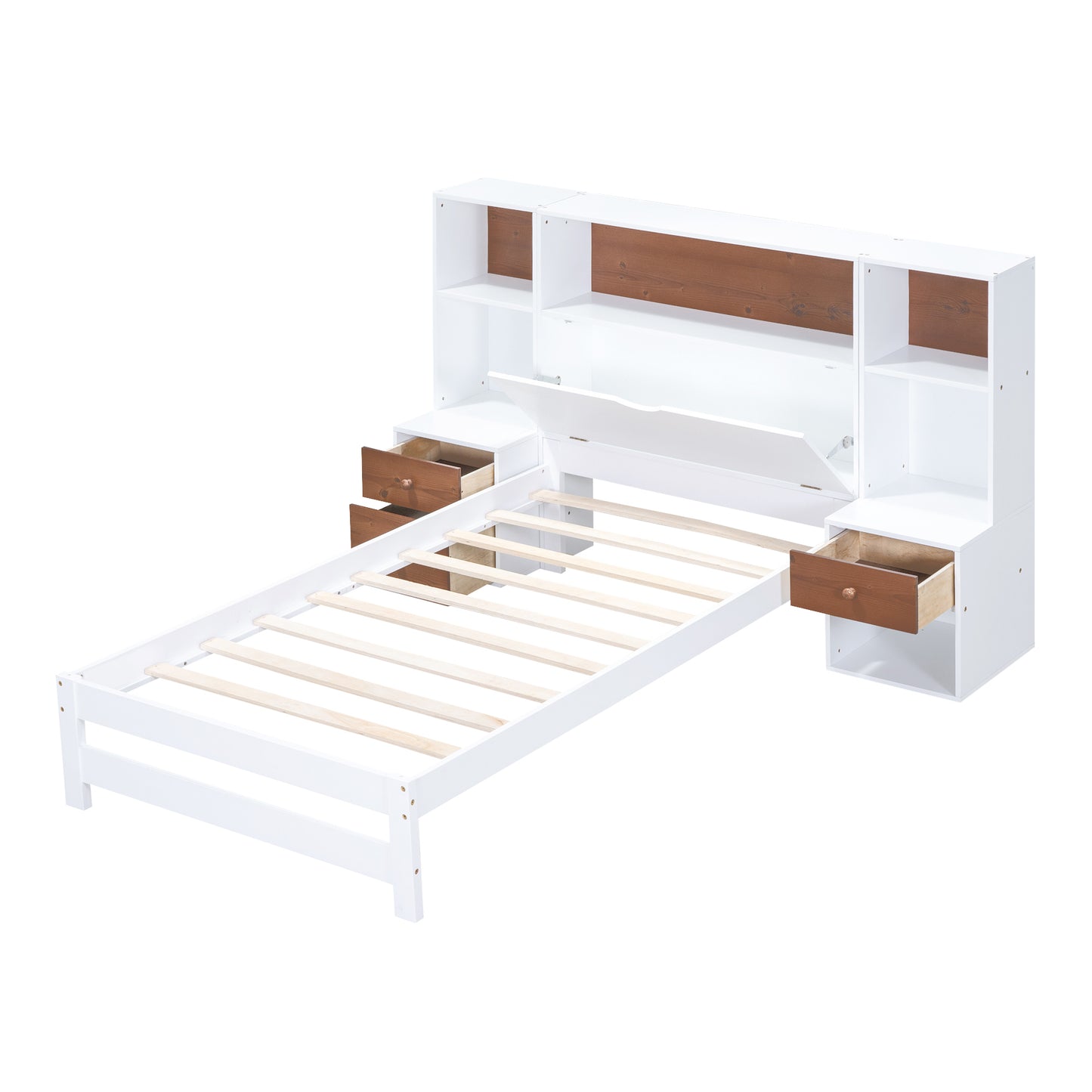 Jo Twin Size Platform Bed w Storage Headboard and Drawers - White