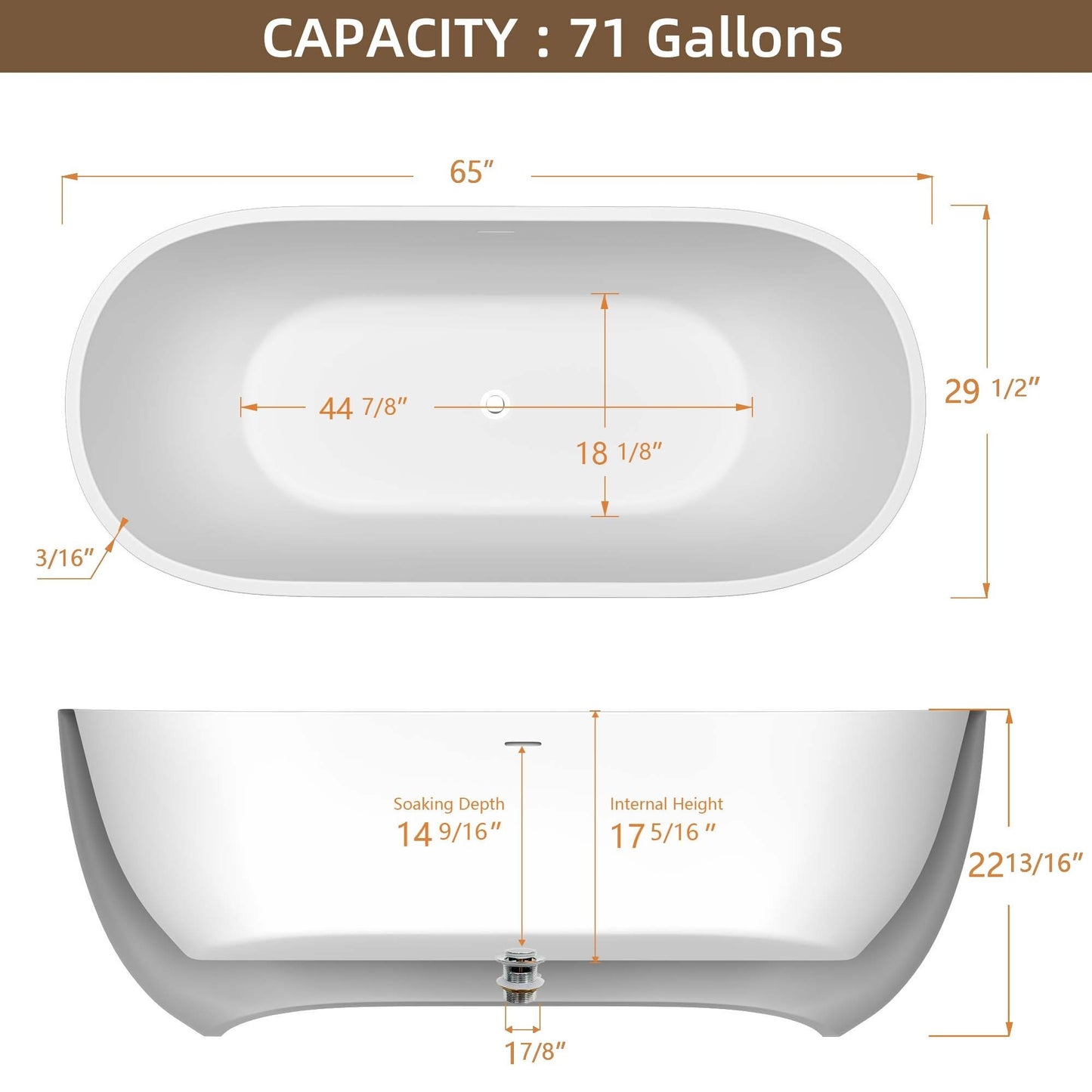 Hana 65" Oval Shape  Acrylic Freestanding  Soaking Bathtub - Matte White