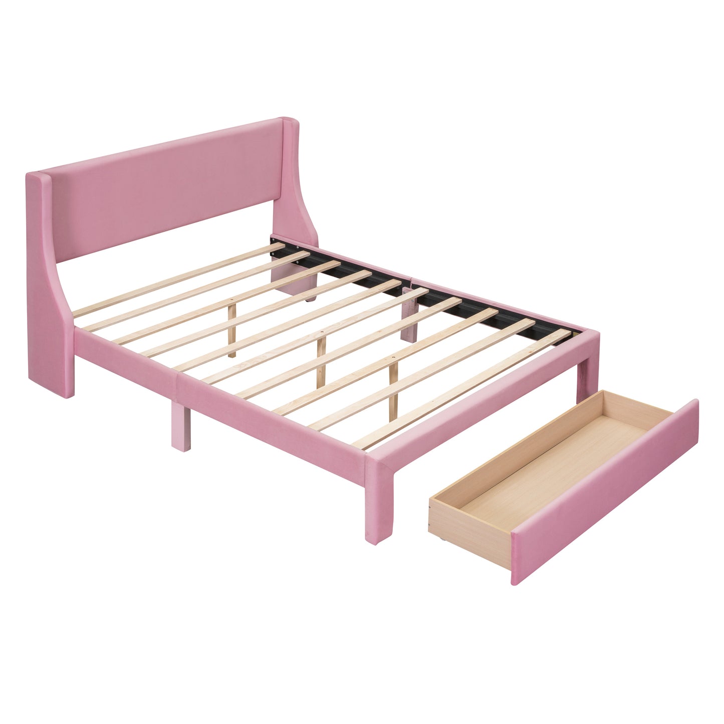 Renni Queen Size Velvet Platform Bed Frame with Drawer - Pink