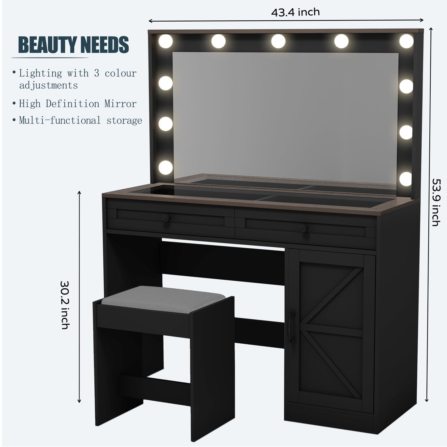 Chaya II Makeup Vanity Table With Large Mirror and 11 LED Light - Black