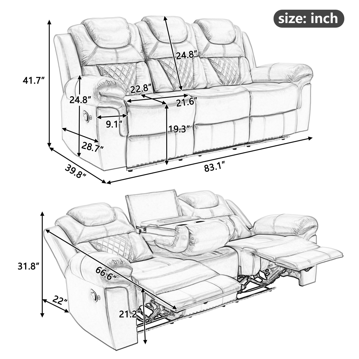 Milo 3 Pieces Recliner Sofa Sets - Black