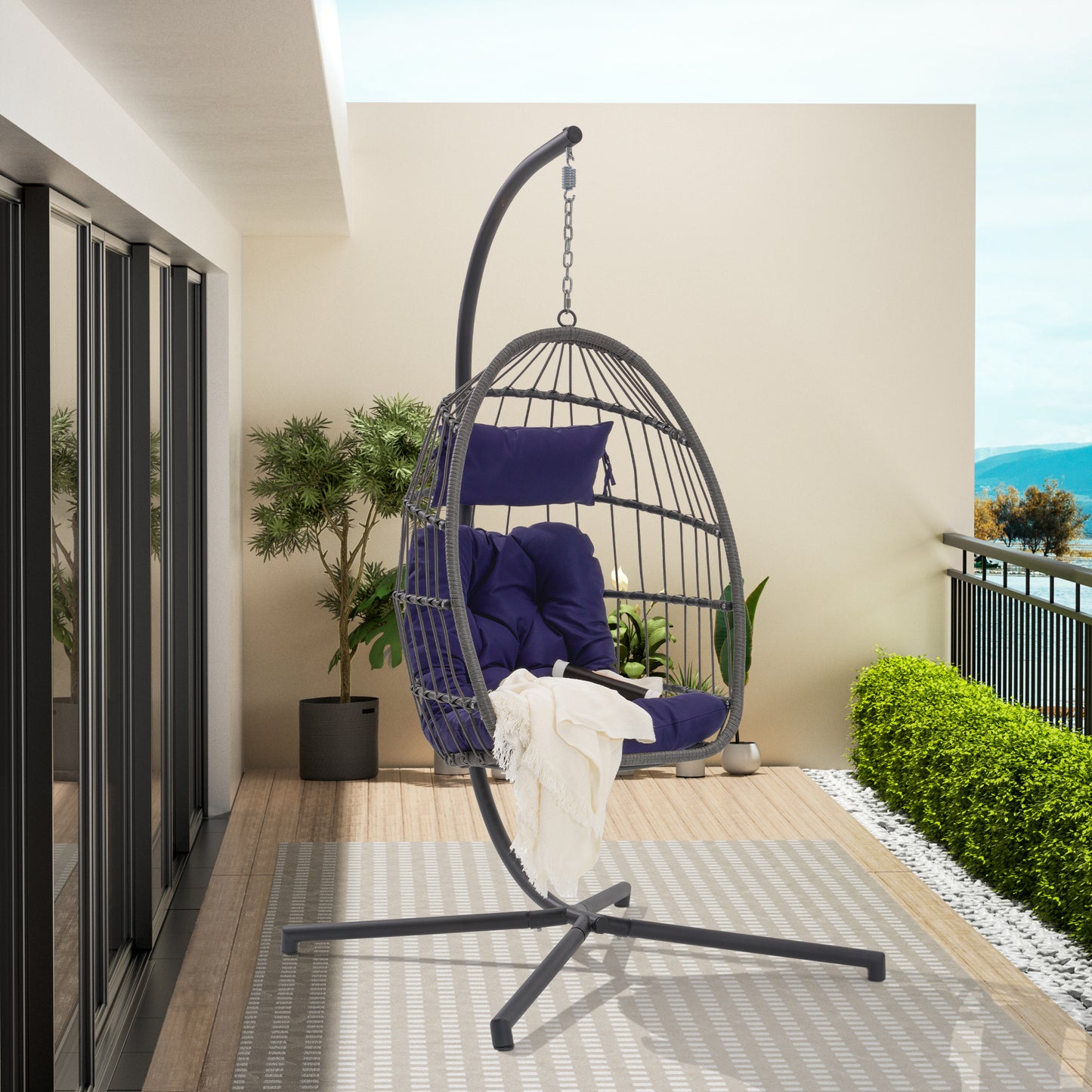 Feji Outdoor Rattan Egg Swing Chair with Stand - Dark Blue