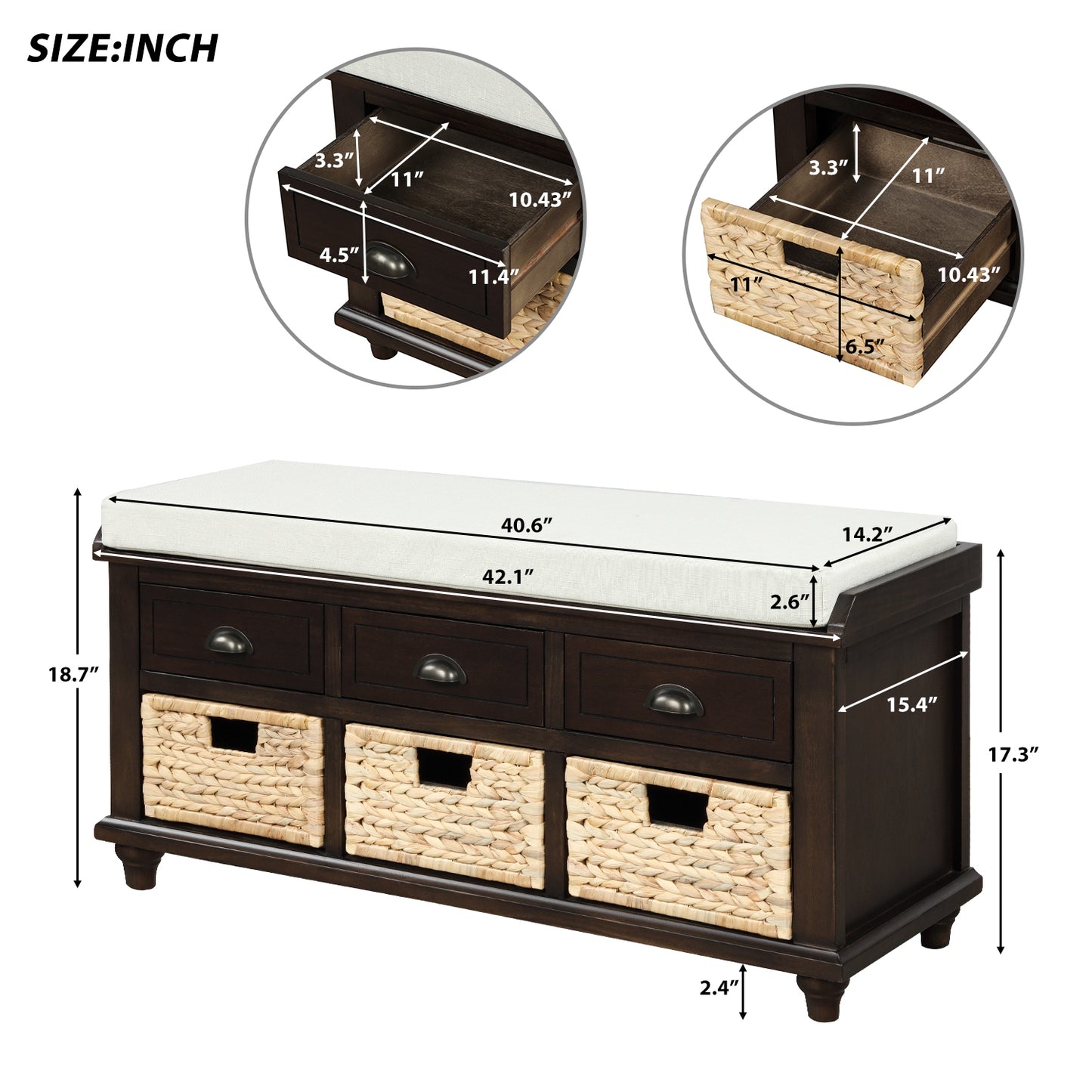 Rustic Storage Bench with 3 Drawers and 3 Rattan Baskets - Espresso