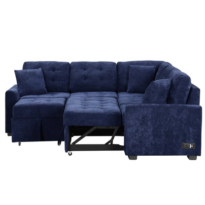 Novak L-shape Sofa Bed Pull-out Sleeper Sofa with Wheels - Navy Blue