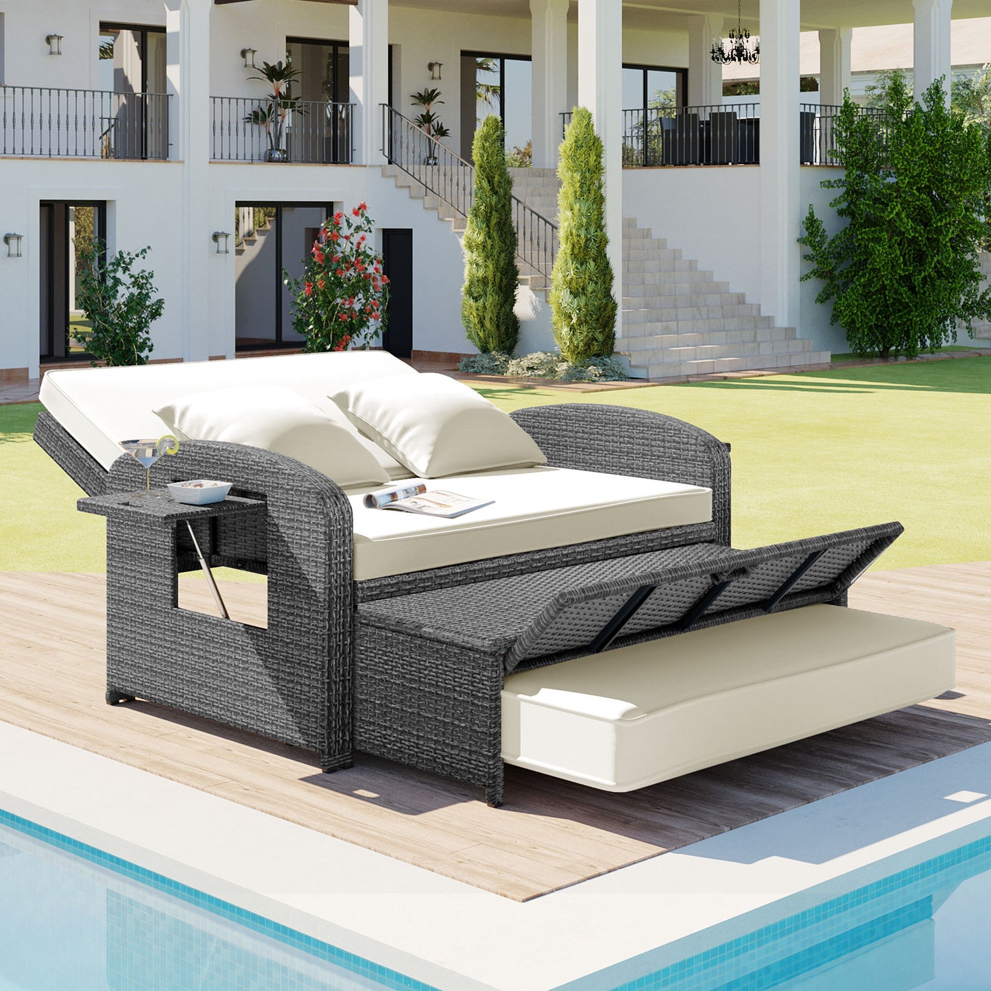 Tula PE Wicker Rattan Double Chaise Lounge - White