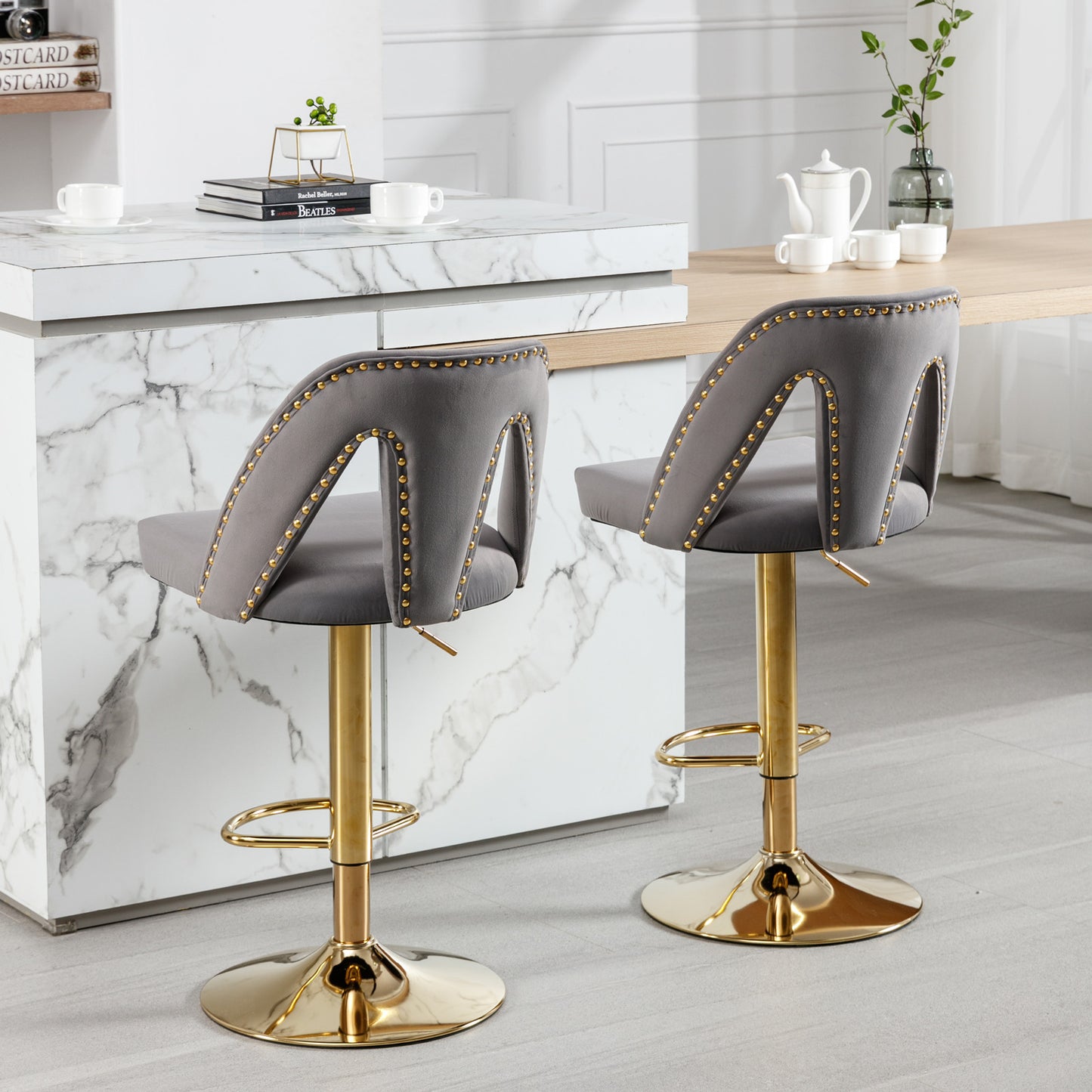 Nadia Velvet Adjusatble Seat  Bar Stool - Gray Set of 2