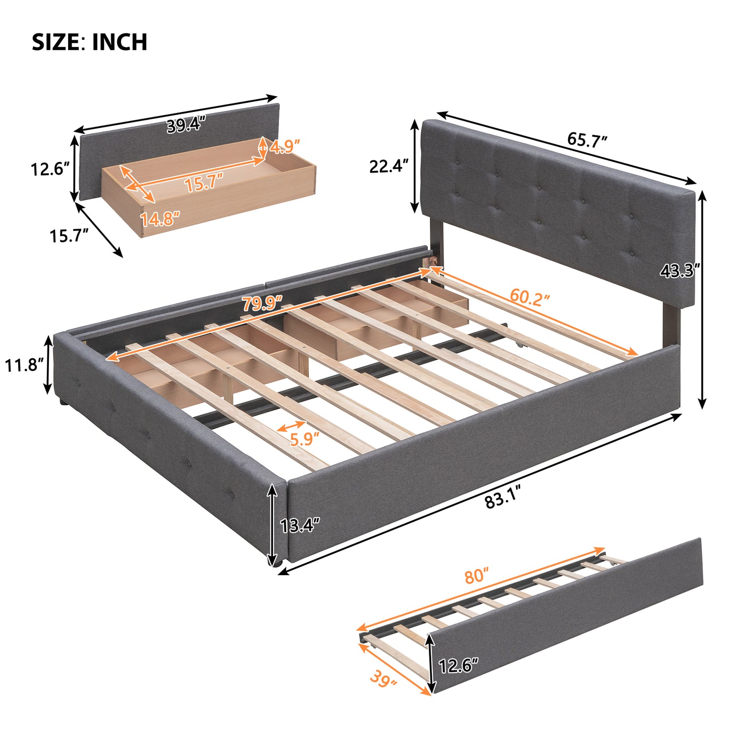 Draco Queen Size Platform Bed with 2 Drawers - Dark Gray