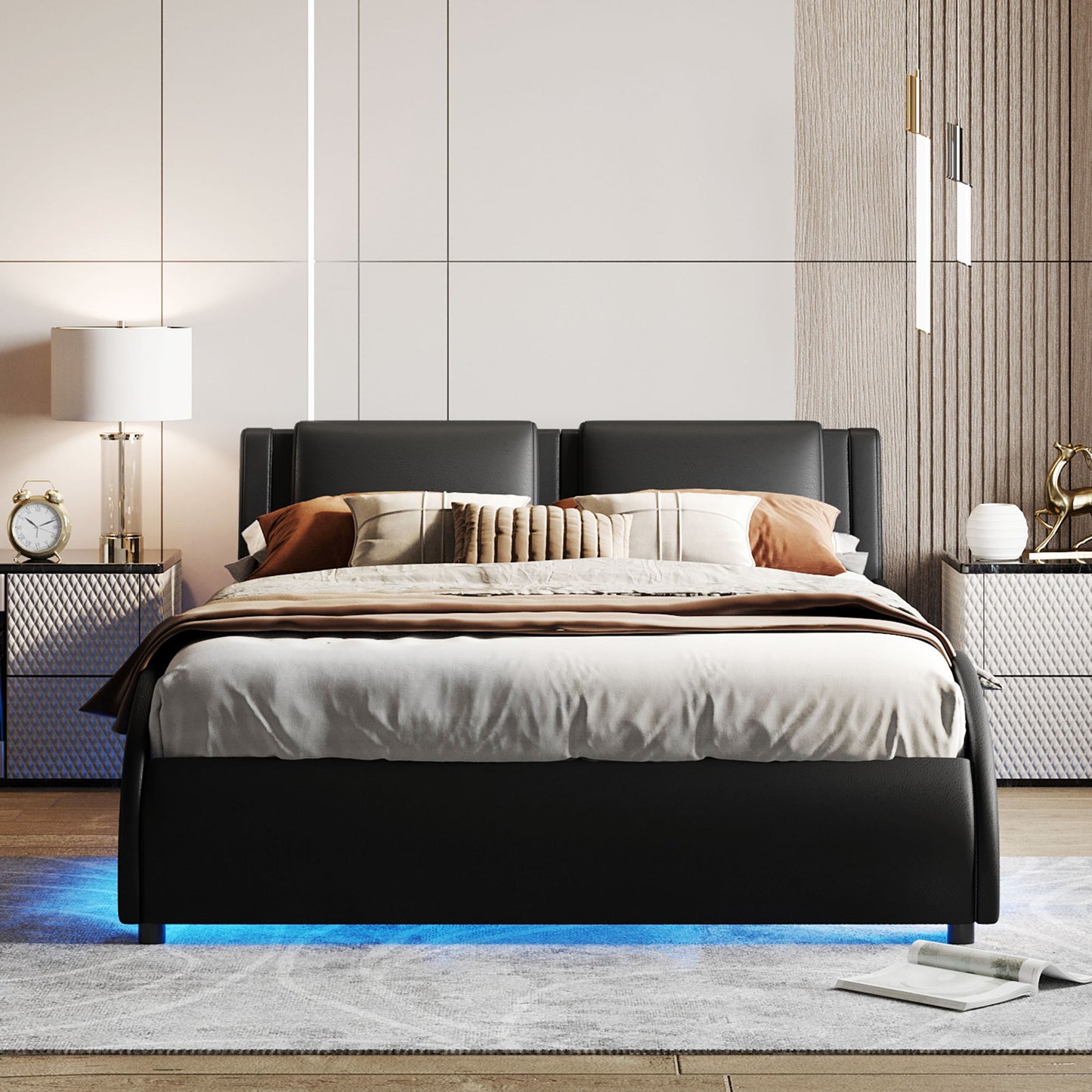 FX Queen Size Platform Bed Frame with LED - Black