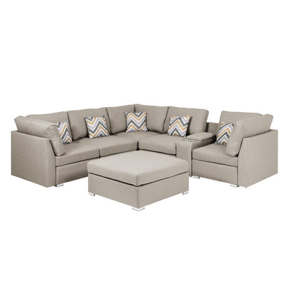 Amira Fabric Reversible Sectional Sofa with USB Console and Ottoman - Beige