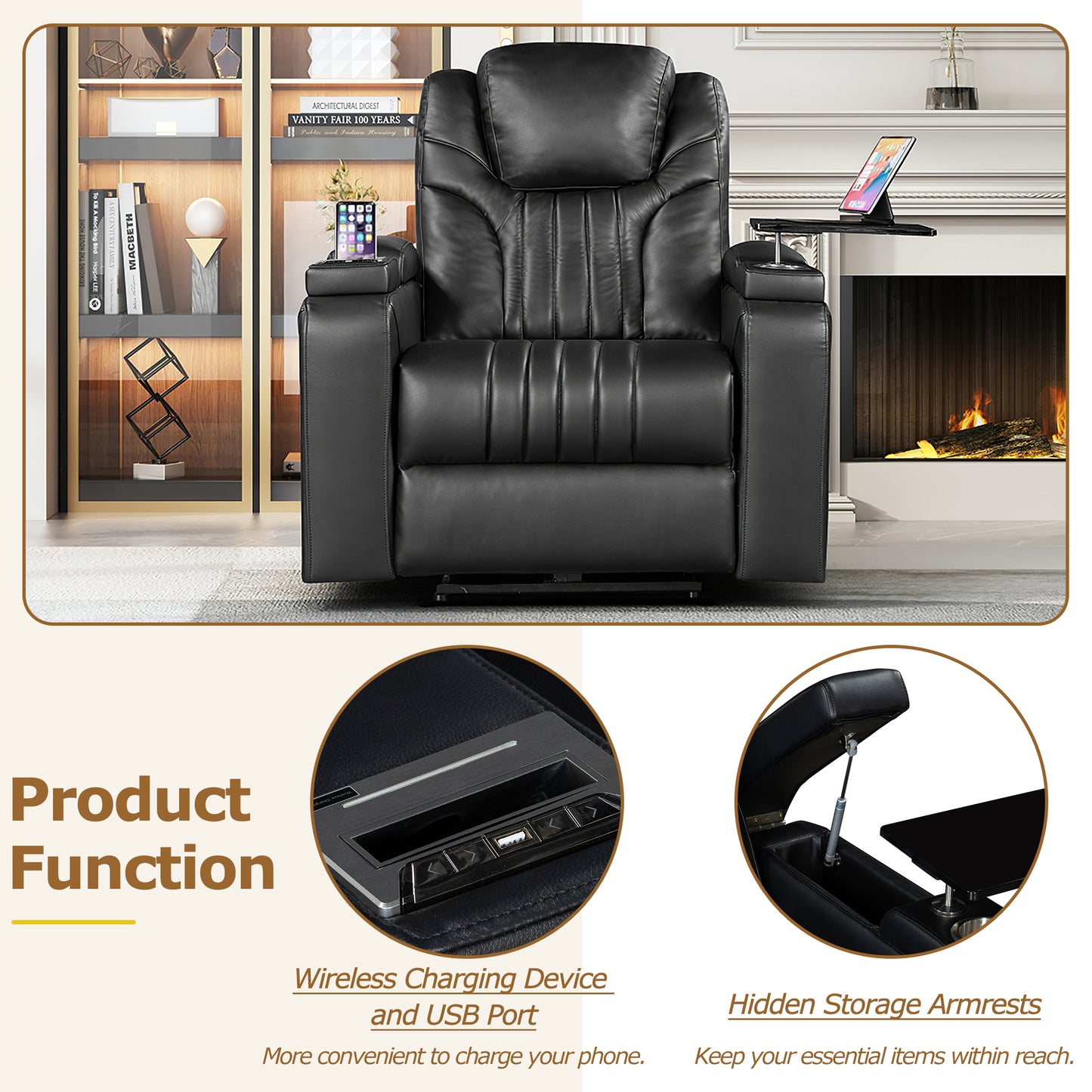 Morris PU Leather Power Recliner - Black