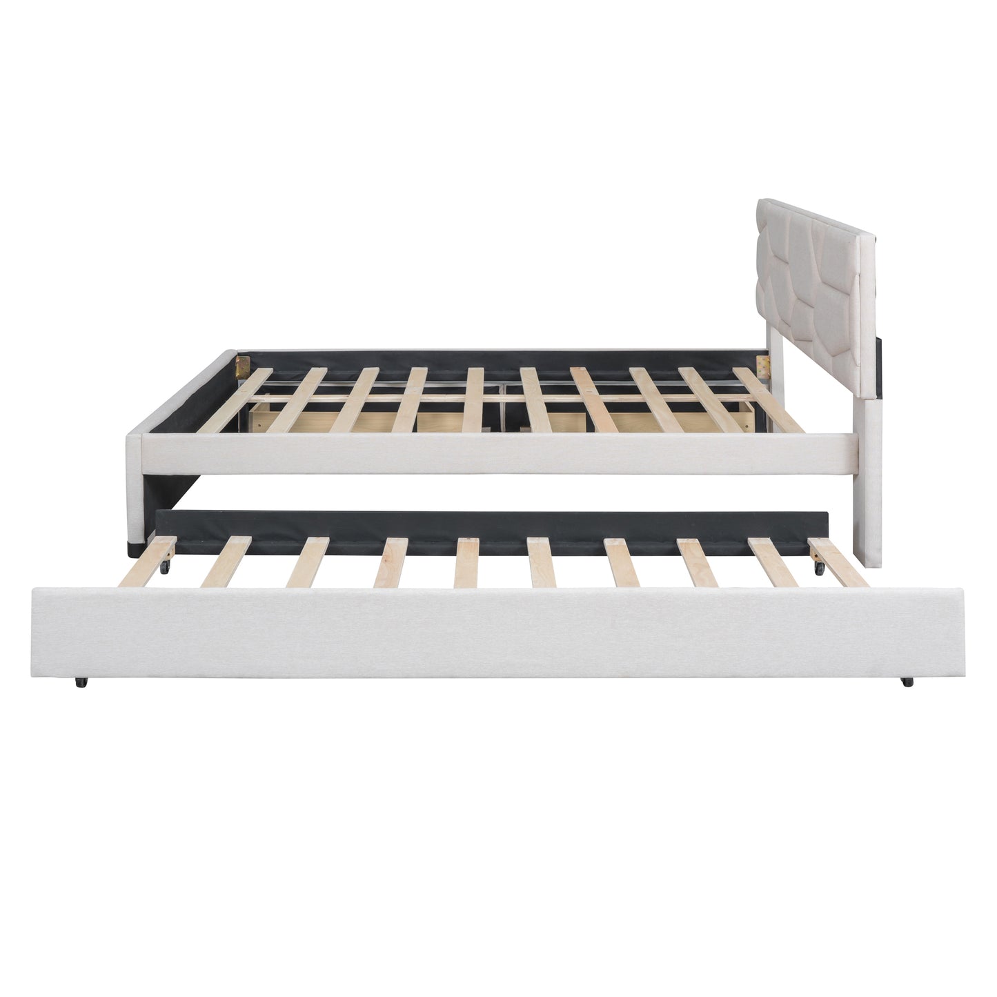 Brick Queen Size Platform Bed with 2 drawers and Twin Size Trundle - Beige