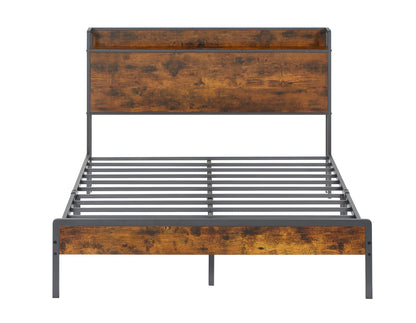 Biony Full Size Metal Bed Frame W Charging Station - Rustic Brown