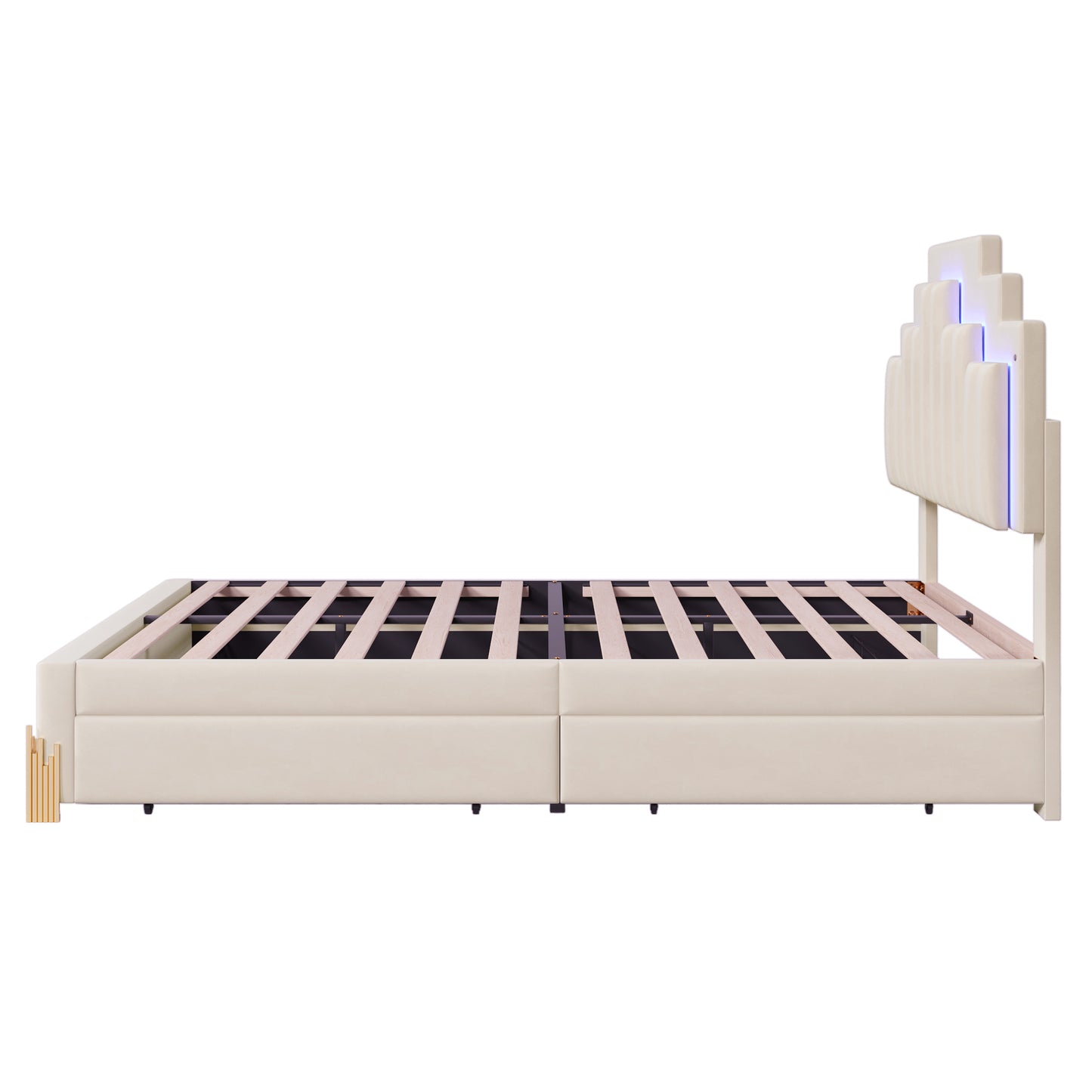 Neco Full Size Platform Bed with LED and 4 Drawers - Beige