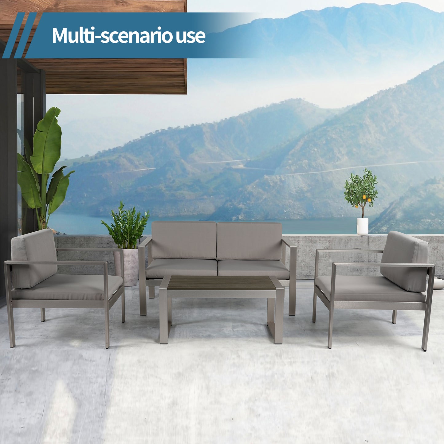 Noriko 4 Pc Patio Aluminum Sofa Seating Set - Gray+Silver