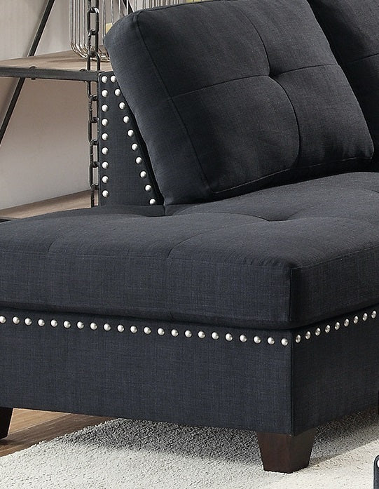 Surya 3pc Sectional Sofa Polyfiber Cushion Sofa Chaise Ottoman Reversible Couch Pillows - Black