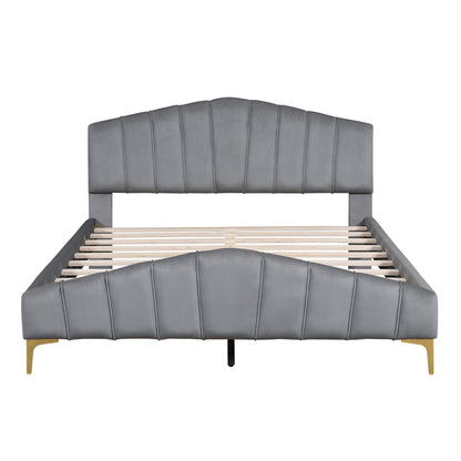 ZuZu Queen Size Velvet Platform Bed with Metal Bed Leg - Gray