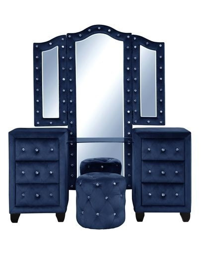 Selina Velvet 6-Drawer Makeup Vanity Set - Blue