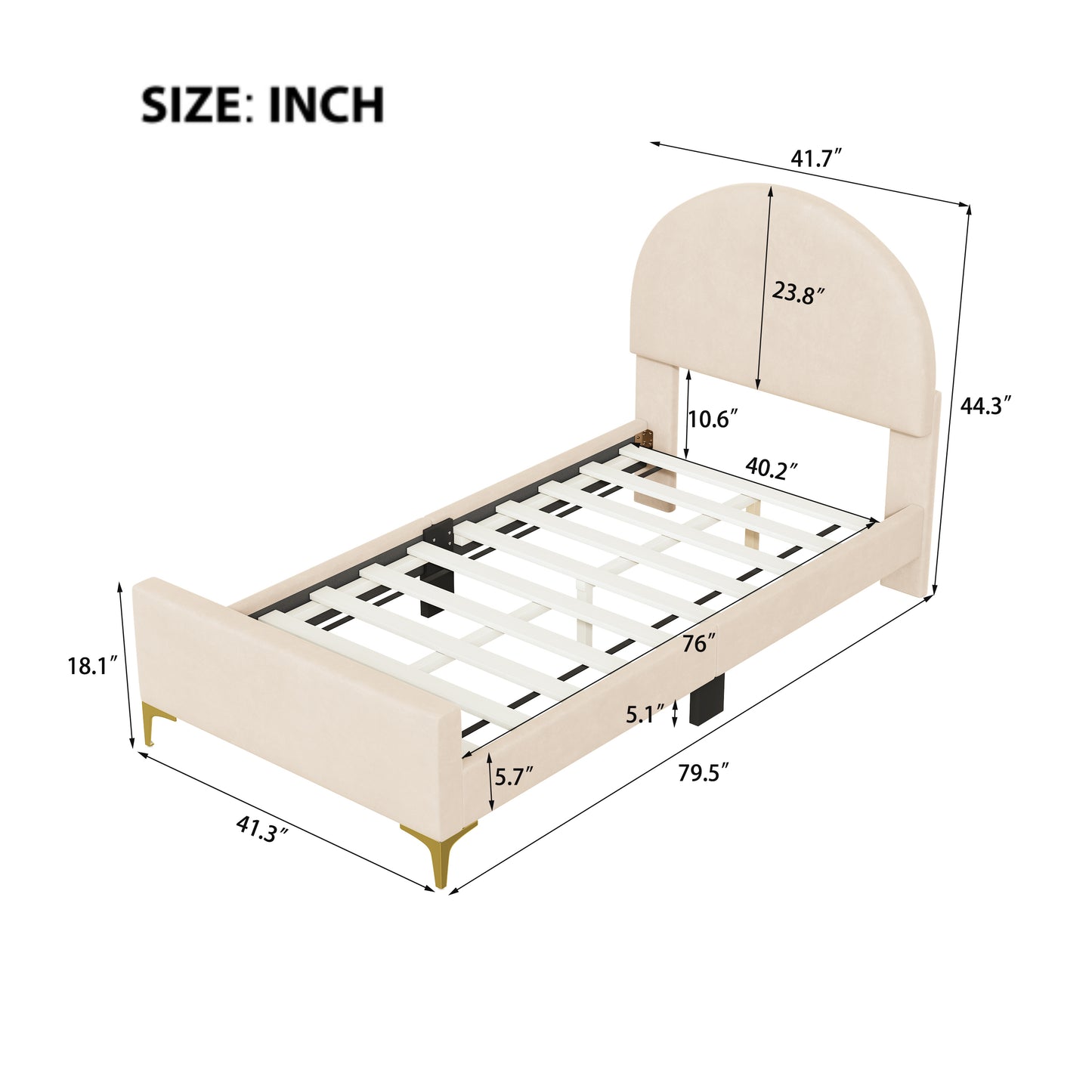 Lynn Twin Size Velvet Platform Bed w Mental Legs - Beige