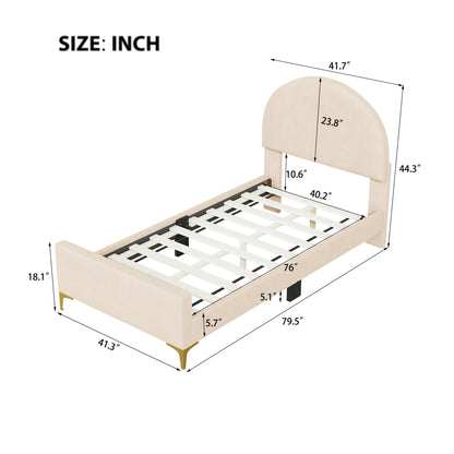 Lynn Twin Size Velvet Platform Bed w Mental Legs - Beige